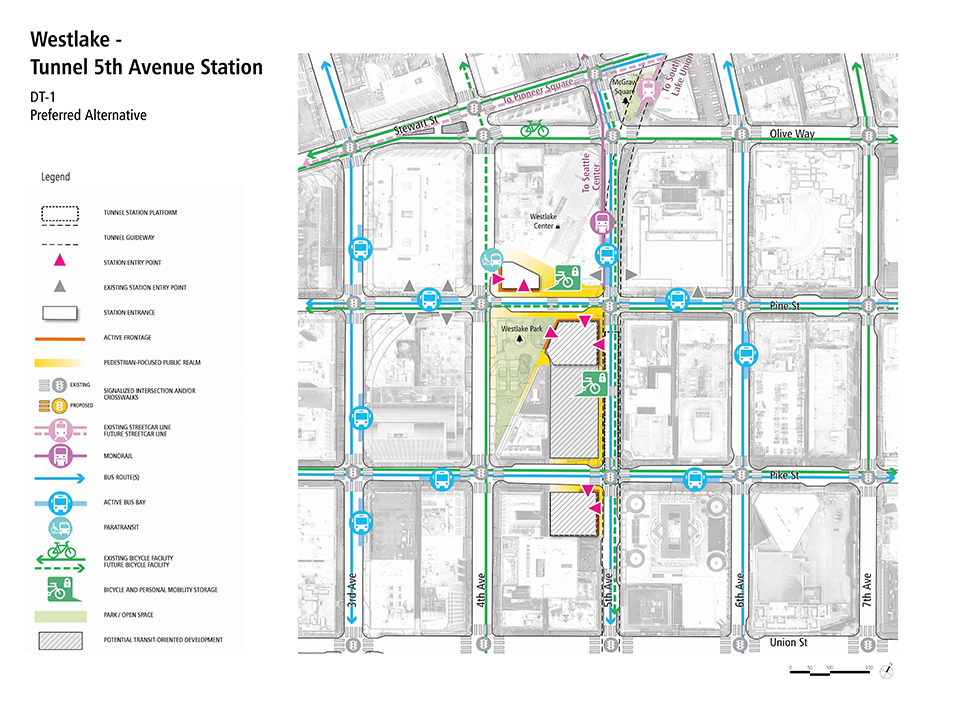 A map describes how pedestrians, bus riders, streetcar riders, bicyclists, and drivers could access the Westlake – Tunnel Fifth Avenue Station.